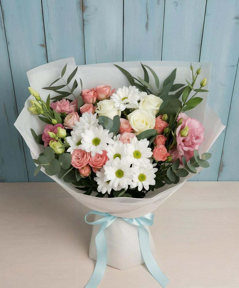 Букет цветов из: Розы, Лизиантусы и Хризантемы в Большевике Ставропольского края